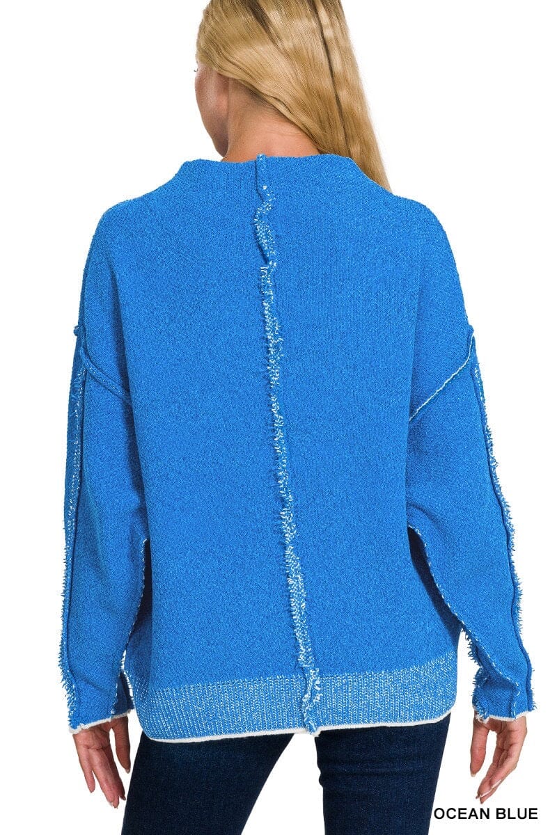 Ocean Blue Mock Neck Exposed Seam Sweater The Humming Arrow Boutique 