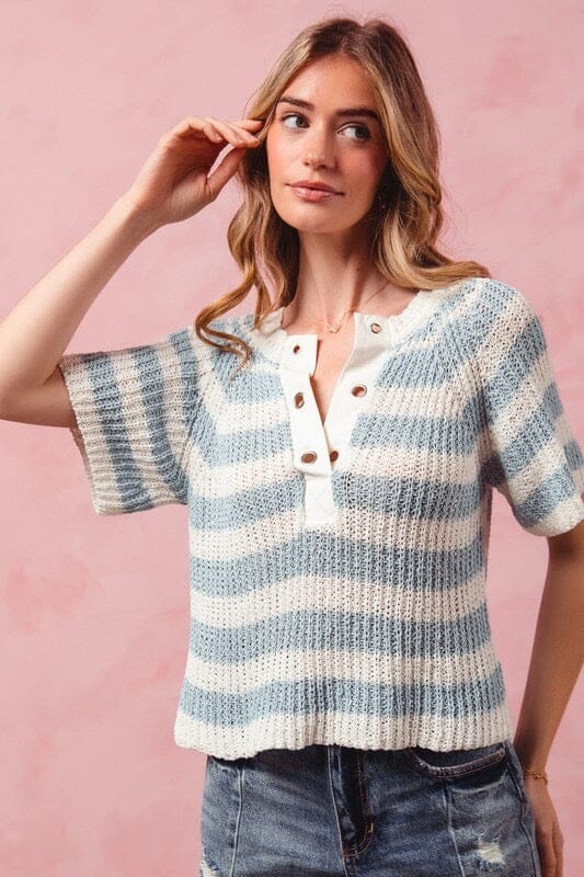 Sky Blue Ivory Stripe Eyelet Placket Stripe Sweater Top Short sleeve so me 
