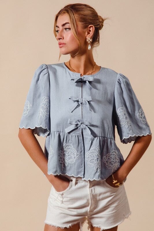 Denim Blue Embroidered Flower Scallop Hem Bow Tie Blouse Short sleeve so me 