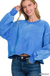 Ocean Blue Acid Wash Fleece Cropped Pullover Long sleeve Zenana 