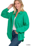 Kelly Green Gauze Oversized Raw Edge Button Down Shirt Long sleeve Zenana 