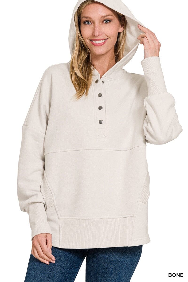 Bone Half Button Fleece Hooded Pullover Long sleeve Zenana 