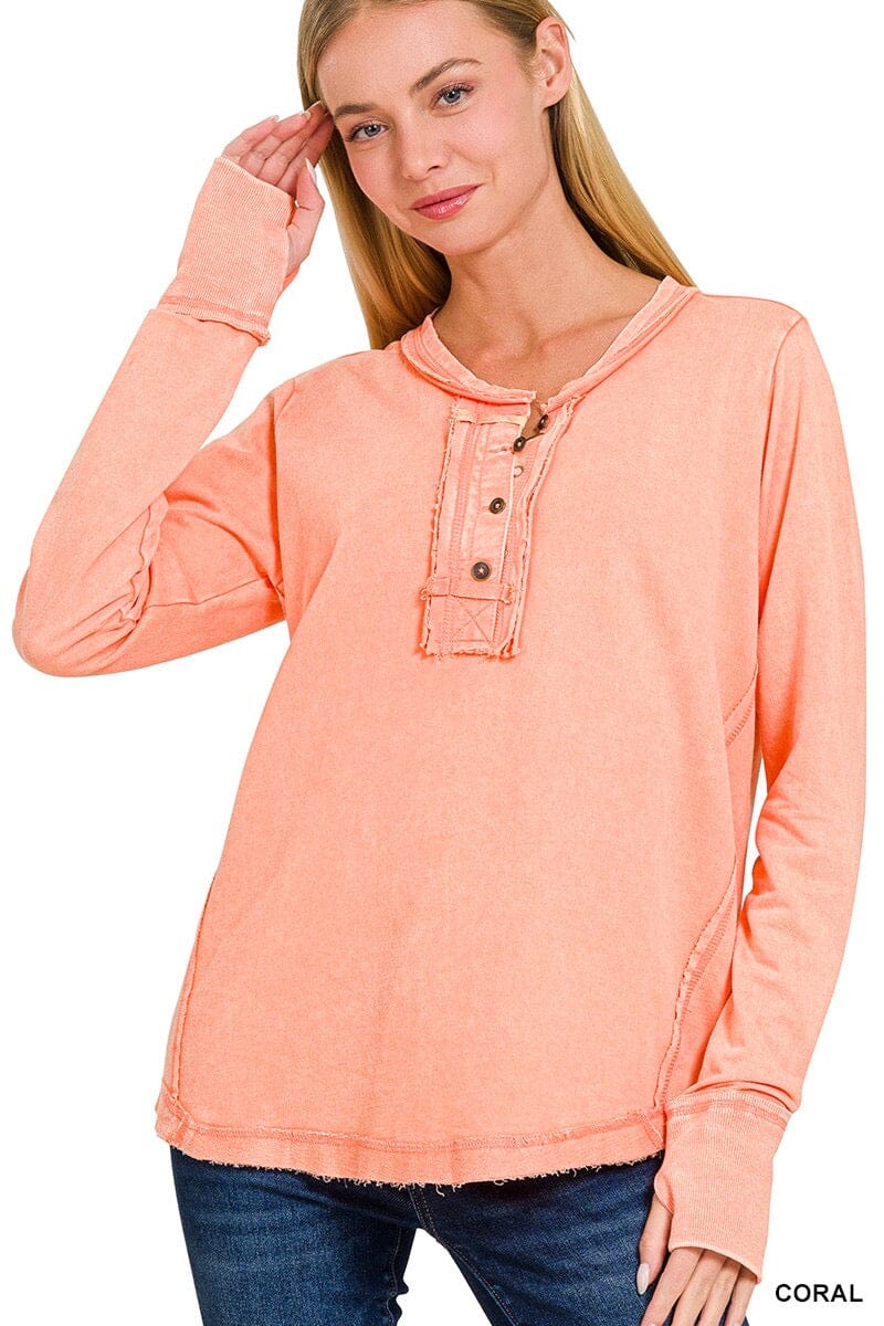 Washed Coral Thumb Hole Long Sleeve Top Long sleeve Zenana 