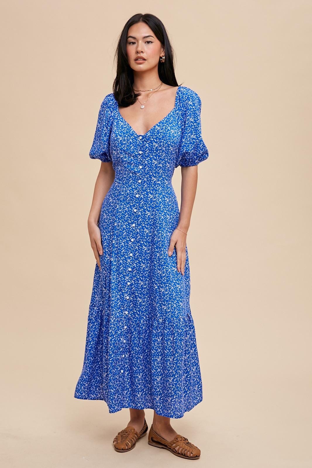 Blue Azure Floral Button Down Maxi Dress
