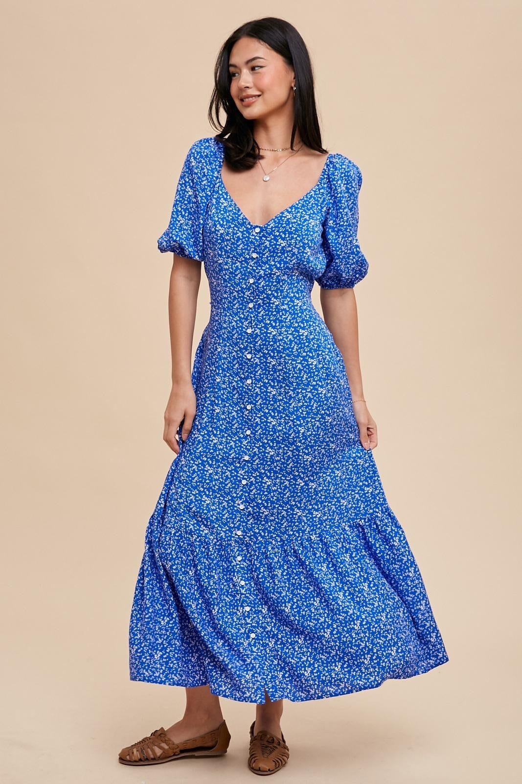 button down flowy dress Samian Floral Kissa Button Down Maxi Dress WHITE-BLUE-GREEN / M by Sugarlips