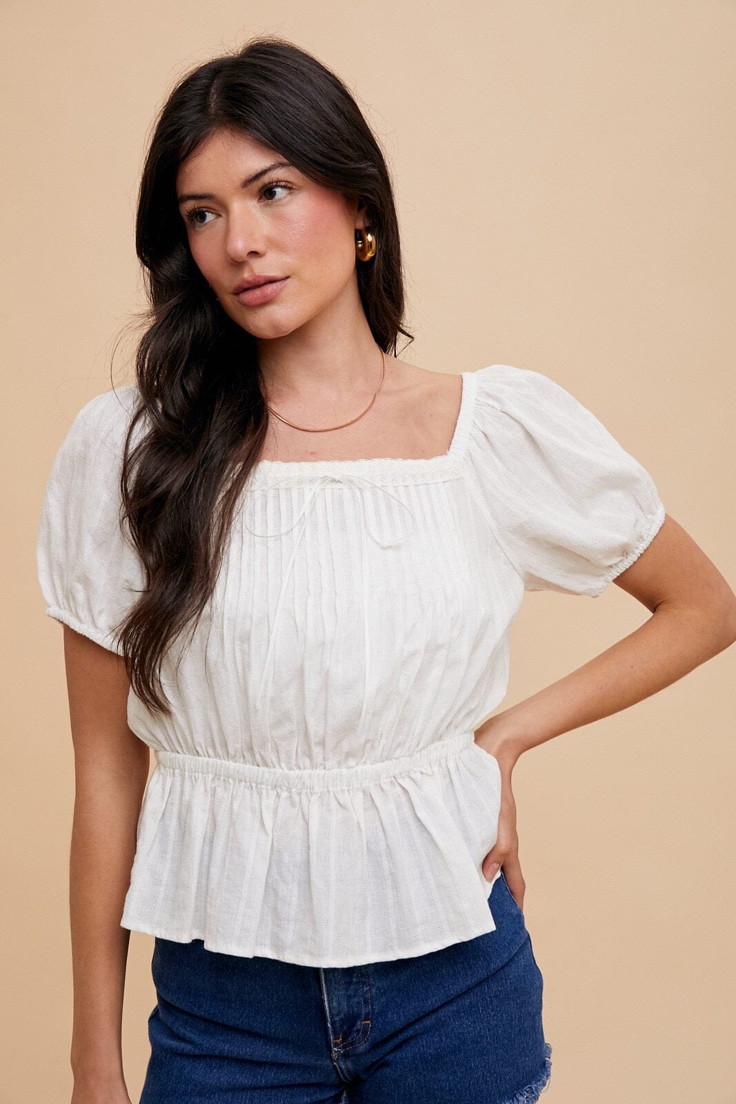 Off White Peplum Lace Peasant Short Sleeve Blouse Short sleeve In Loom 