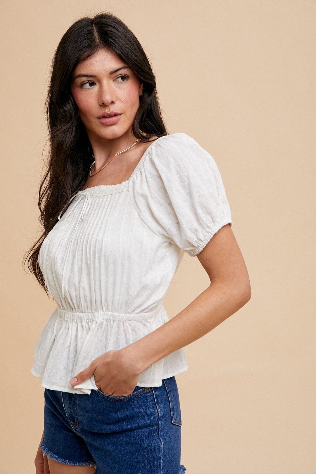 Off White Peplum Lace Peasant Short Sleeve Blouse Short sleeve In Loom 