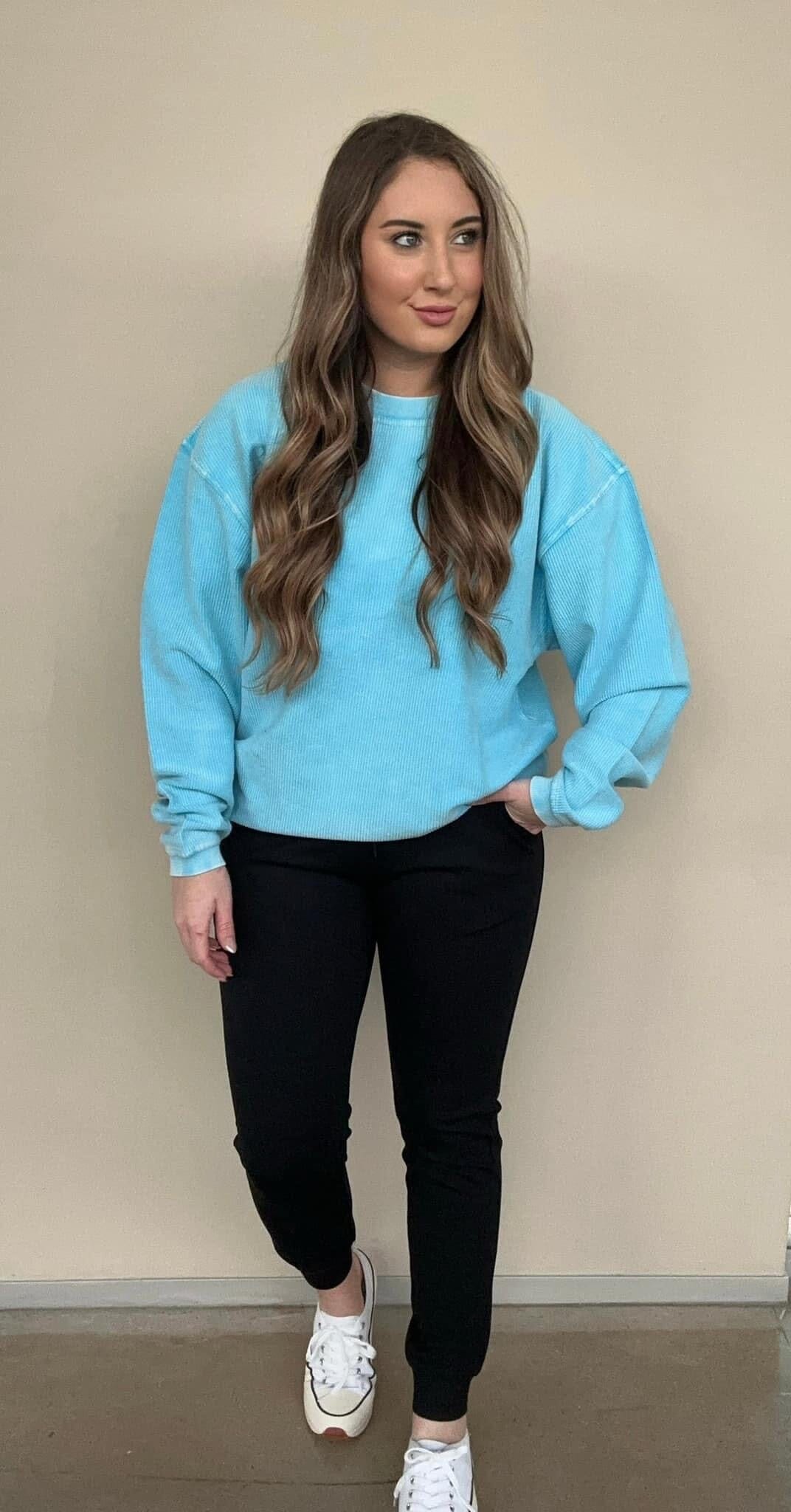 Cerulean Blue Corded Crewneck Sweatshirt Long sleeve moon Ryder 