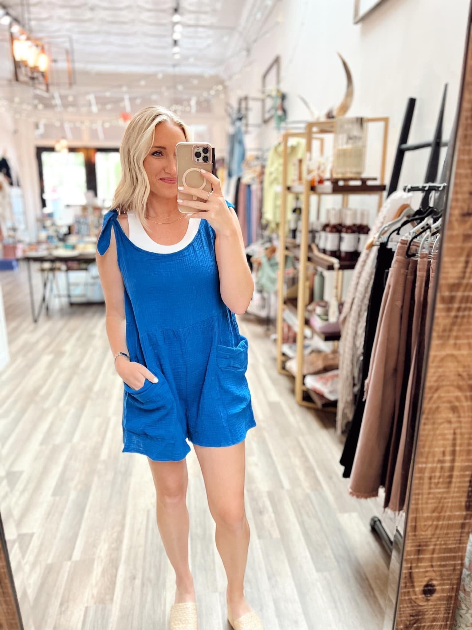Blue Tie Shoulder Loose Fitting Romper Jumpsuit & Rompers Grace & Rose 