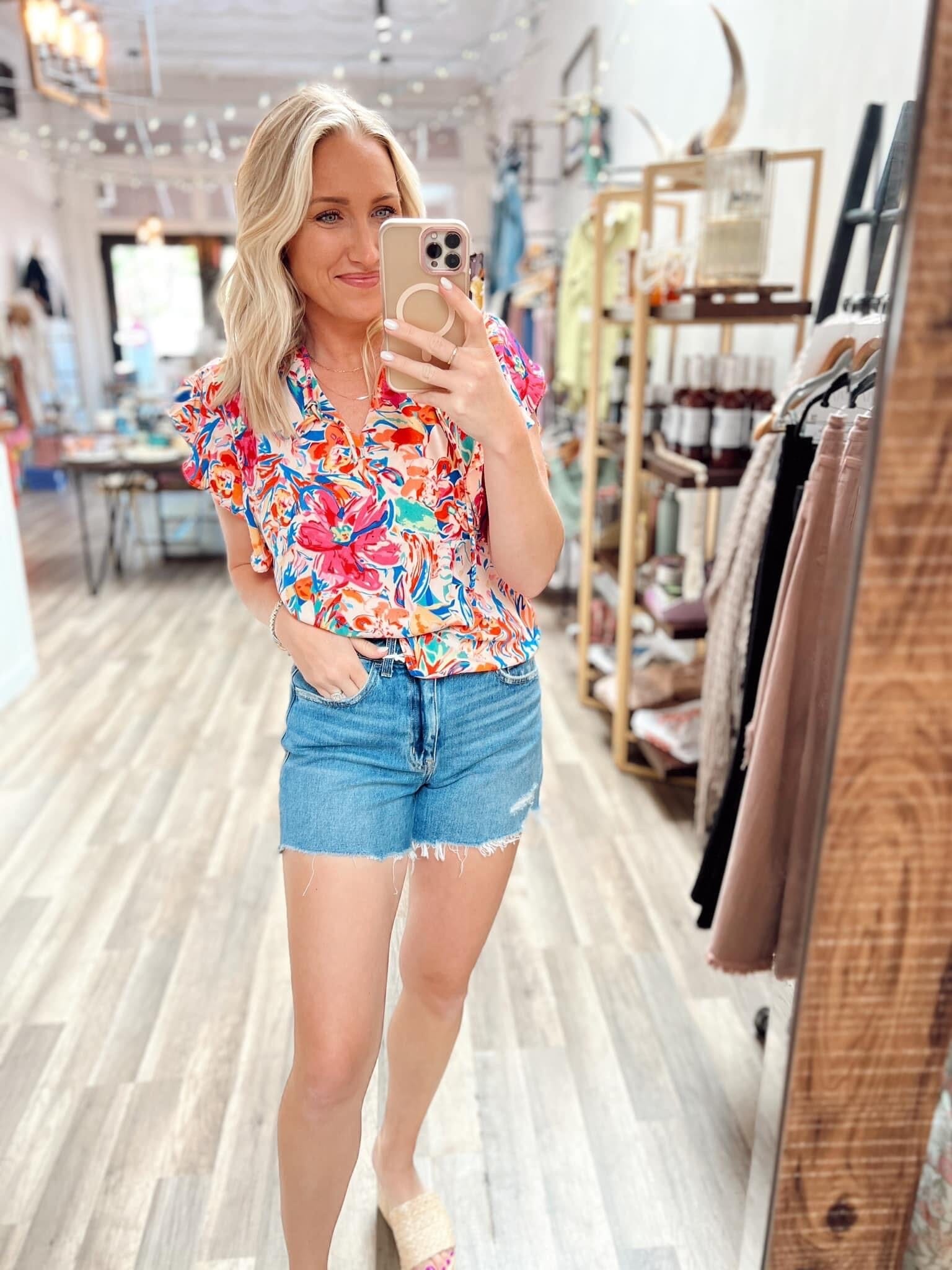 Floral Flutter Sleeve V Neck Blouse Short sleeve Grace & Rose 