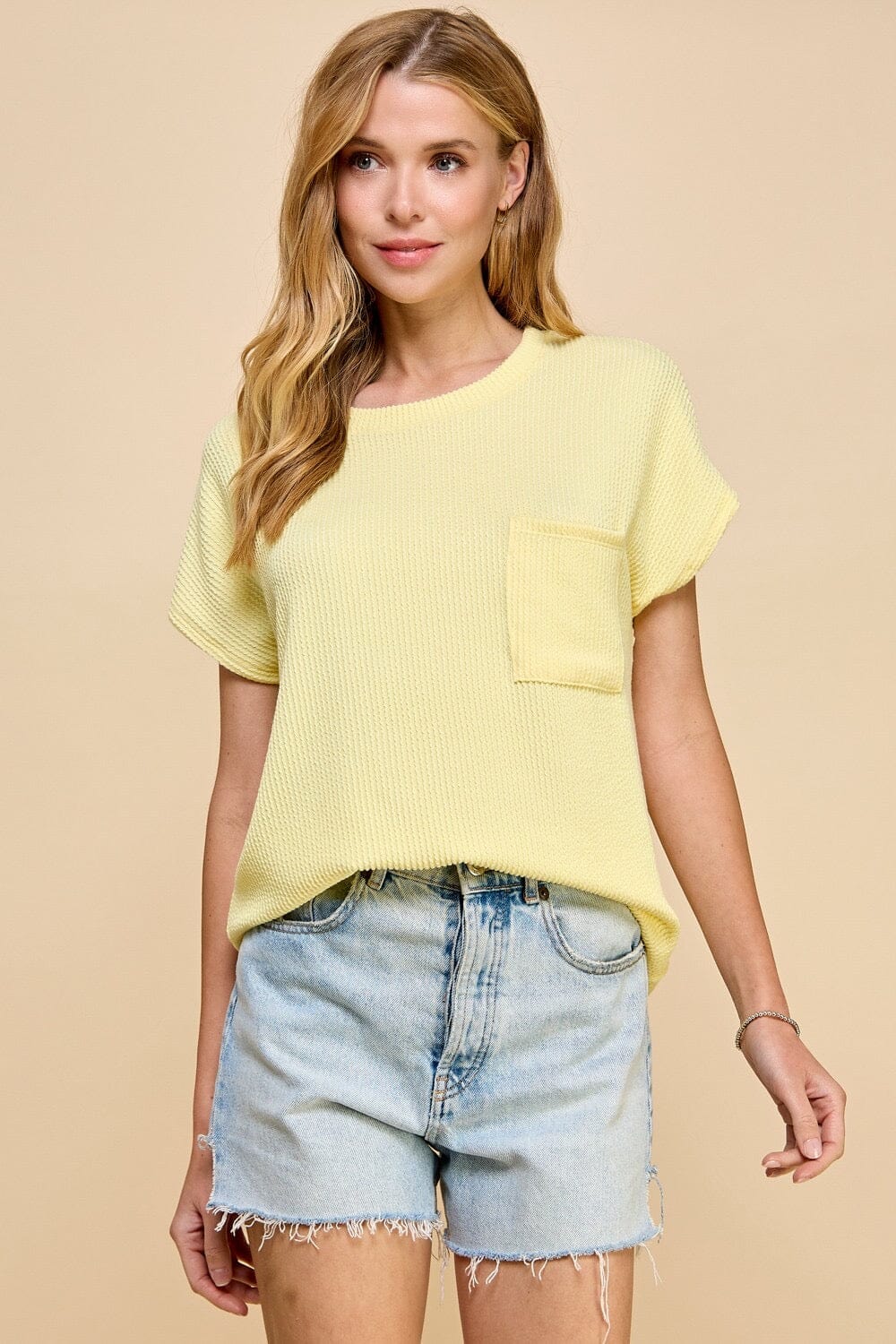 Ice Yellow Ribbed Pocket Short Sleeve Top Short sleeve Les Amis 