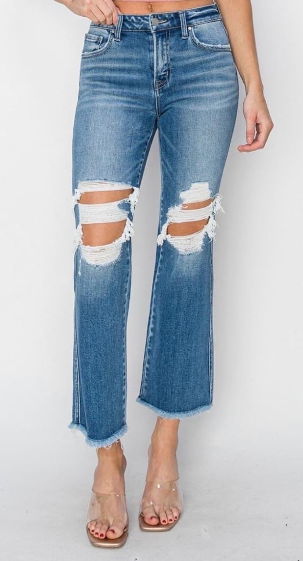 Risen High Rise Destroyed Knee Crop Flare Jeans Skinny Jean Risen 