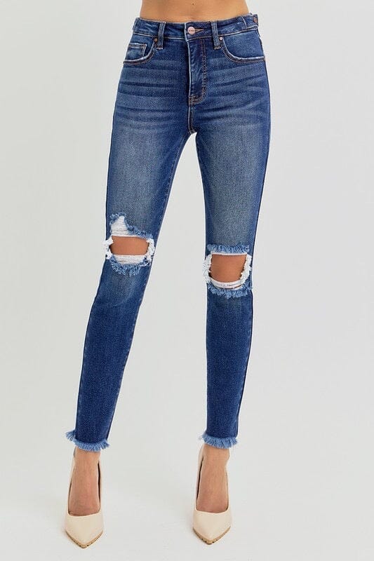 Risen Tummy Control Dark Wash Destroyed Knee Skinny Jeans The Humming Arrow Boutique 