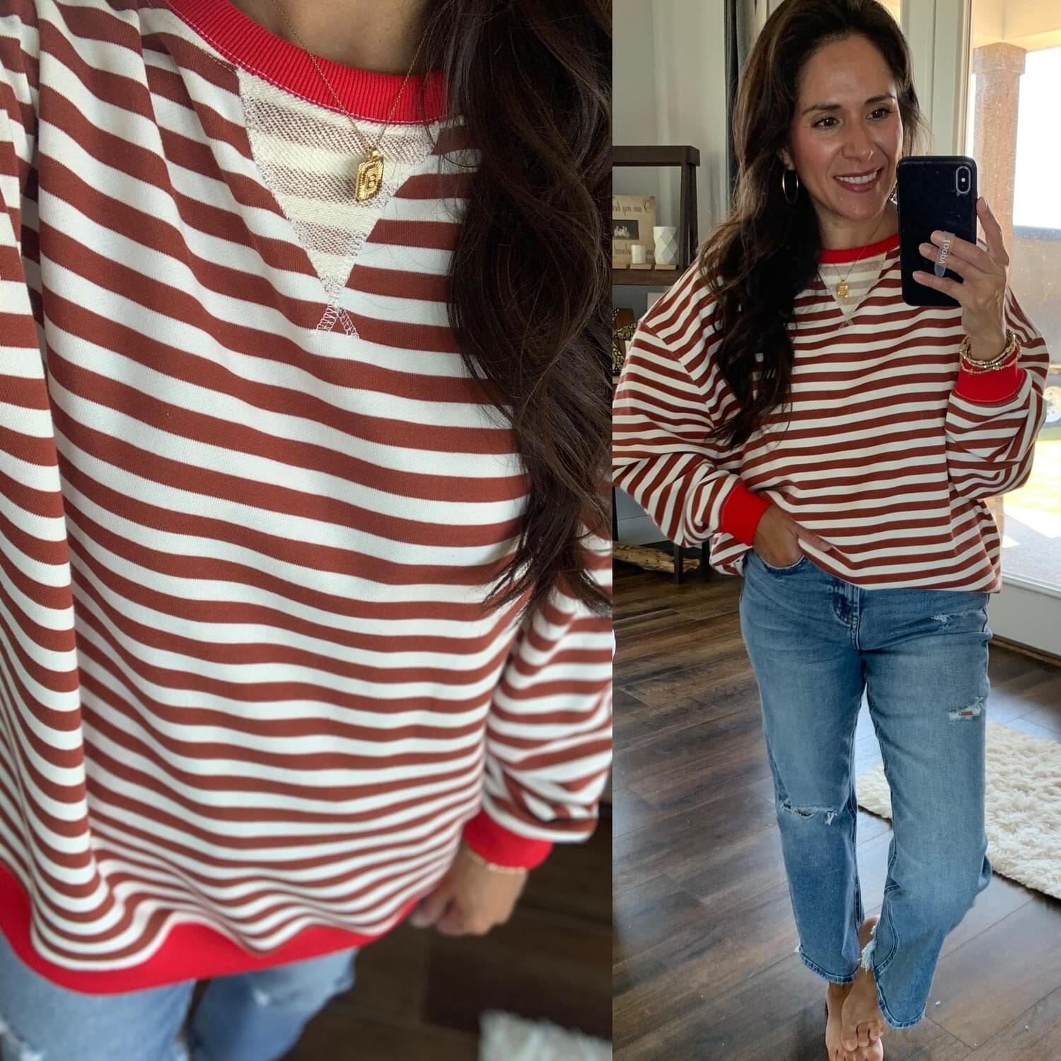 Crimson Red Striped Long Sleeve Crewneck Pullover Long sleeve veveret 