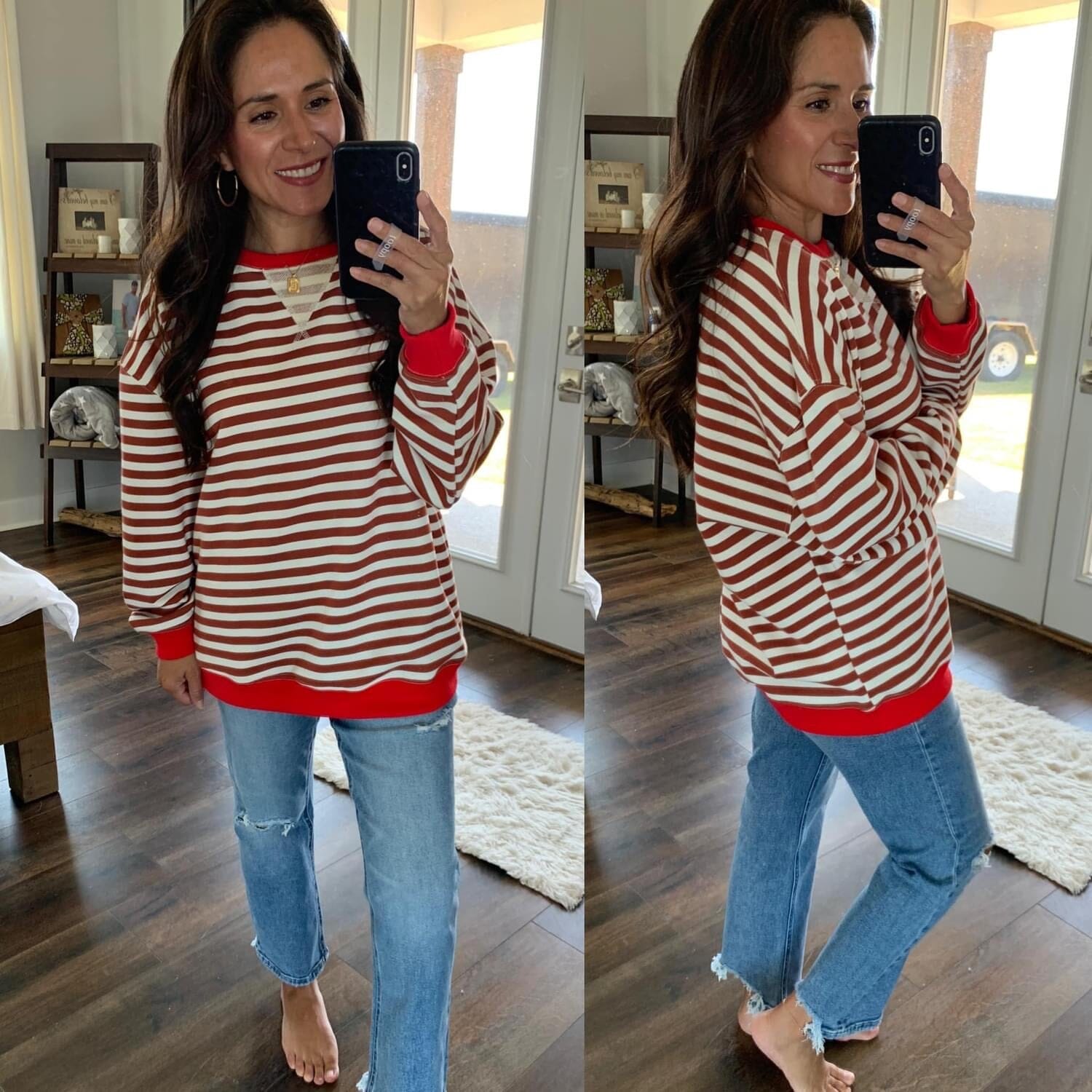 Crimson Red Striped Long Sleeve Crewneck Pullover Long sleeve veveret 