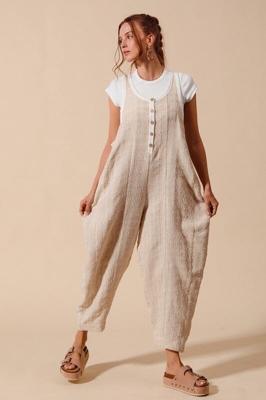 Oatmeal Textured Weave Oversized Overall Jumpsuit Jumpsuit & Rompers so me 