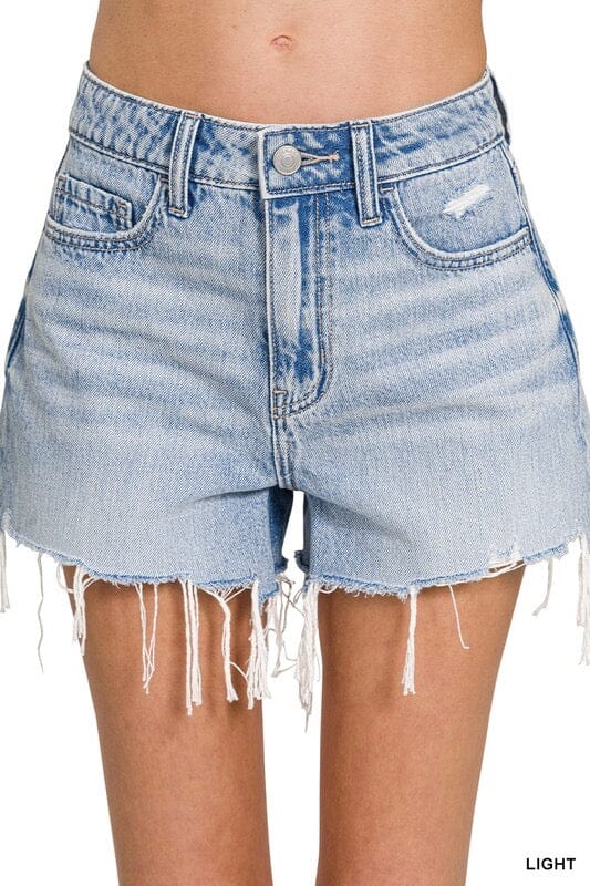 Zenana Light Wash Distressed Hem Denim Shorts Bottoms Zenana 