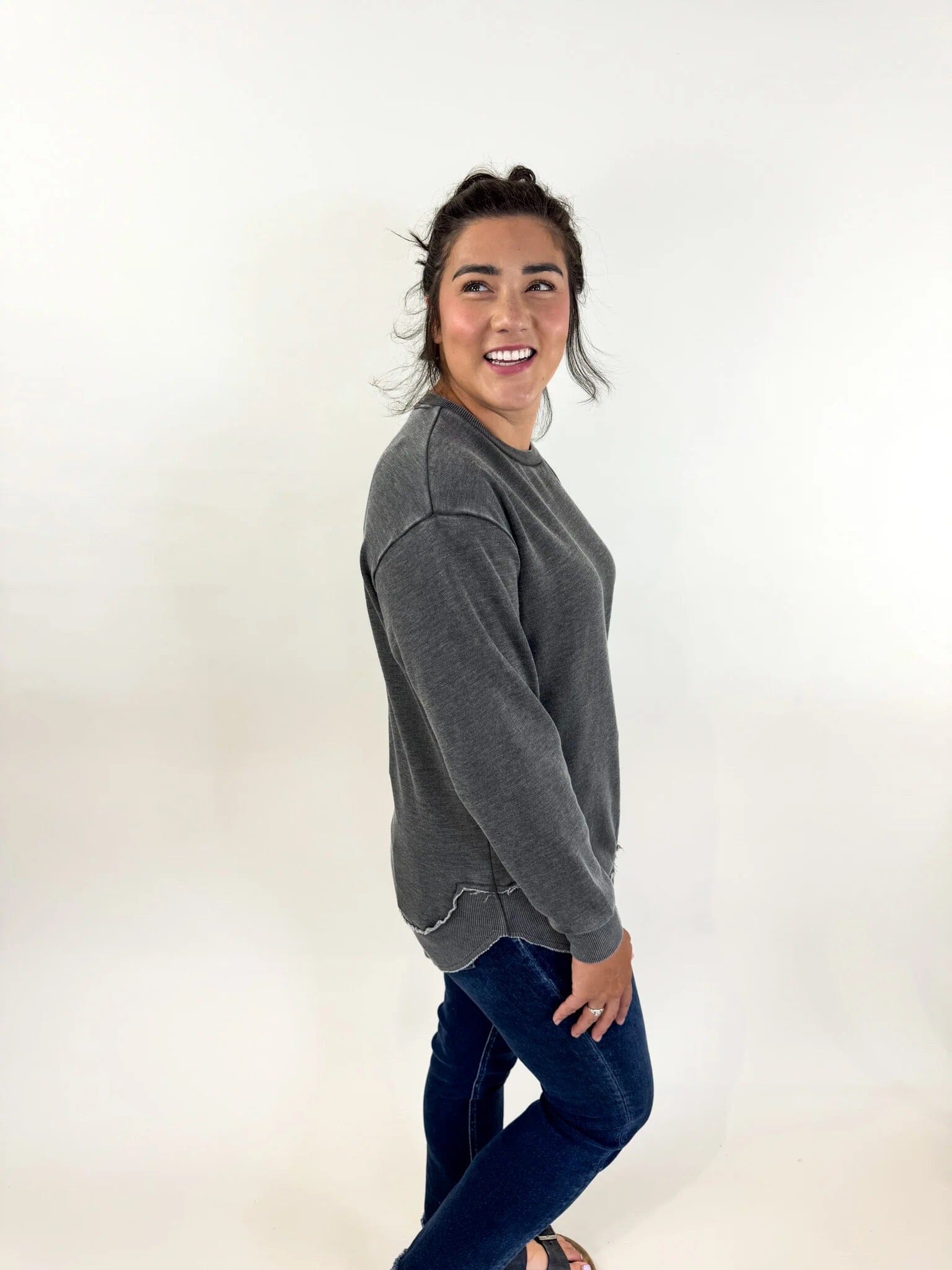 Vintage Charcoal Round Hem Crewneck Long sleeve The Humming Arrow Boutique 
