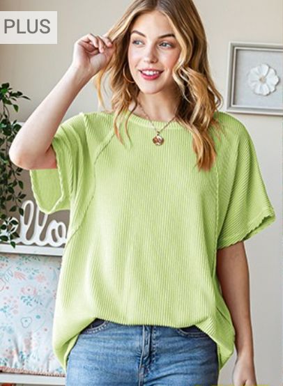 Sage Green Ribbed Dolman Sleeve Top up to Plus Short sleeve heimish 