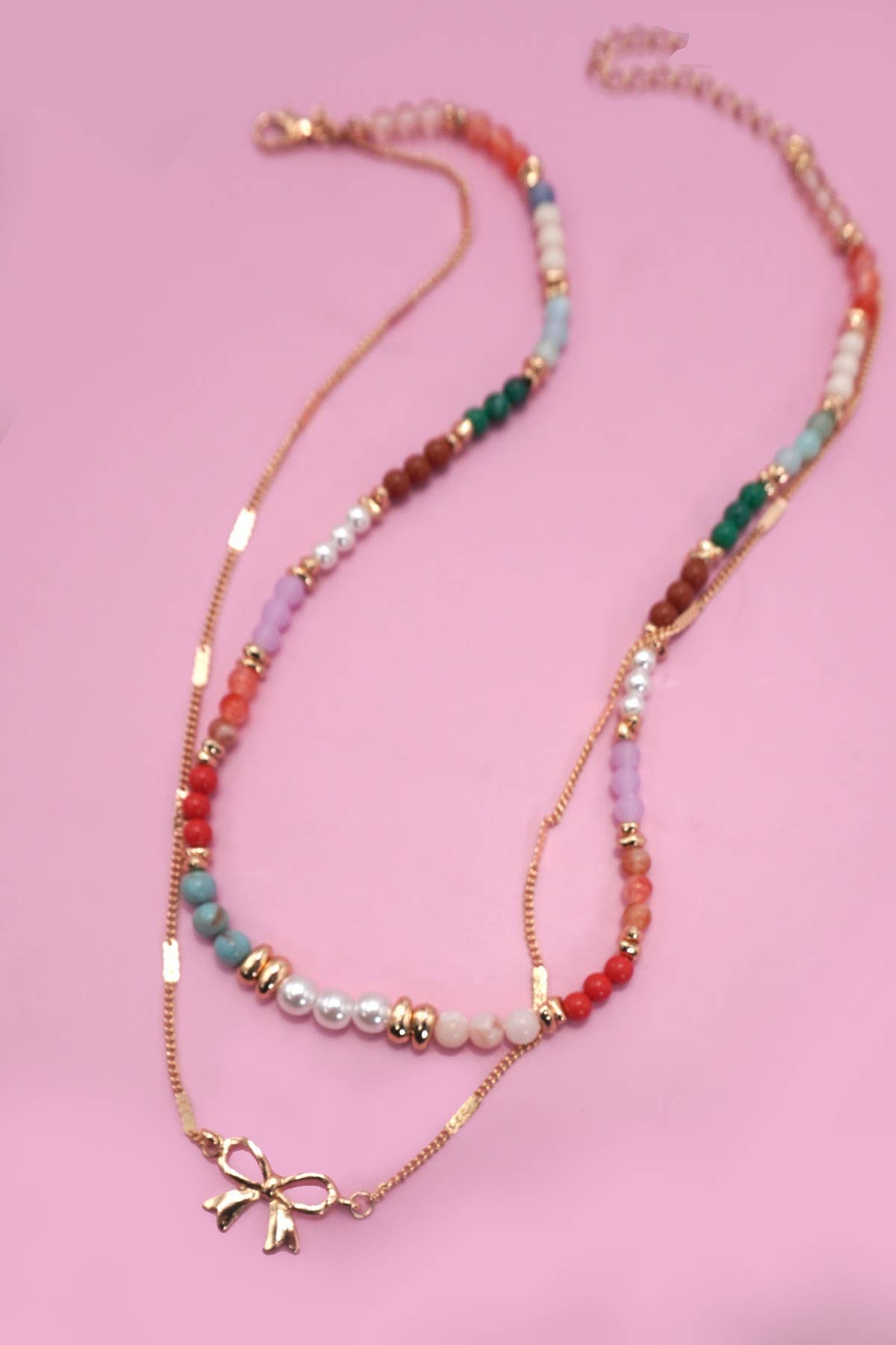 MULTI BEADED BOW CHARM DOUBLE LAYER NECKLACE | 80N91498: Gold JOSSLYN by wall to wall 
