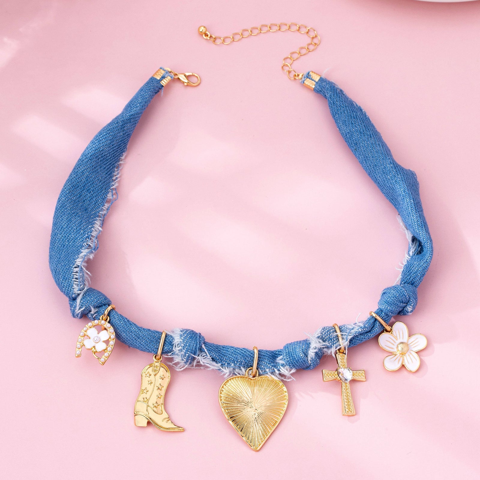 Western Denim Cowboy Boot & Cross Charm Necklace | 80N92859: Gold JOSSLYN by wall to wall 