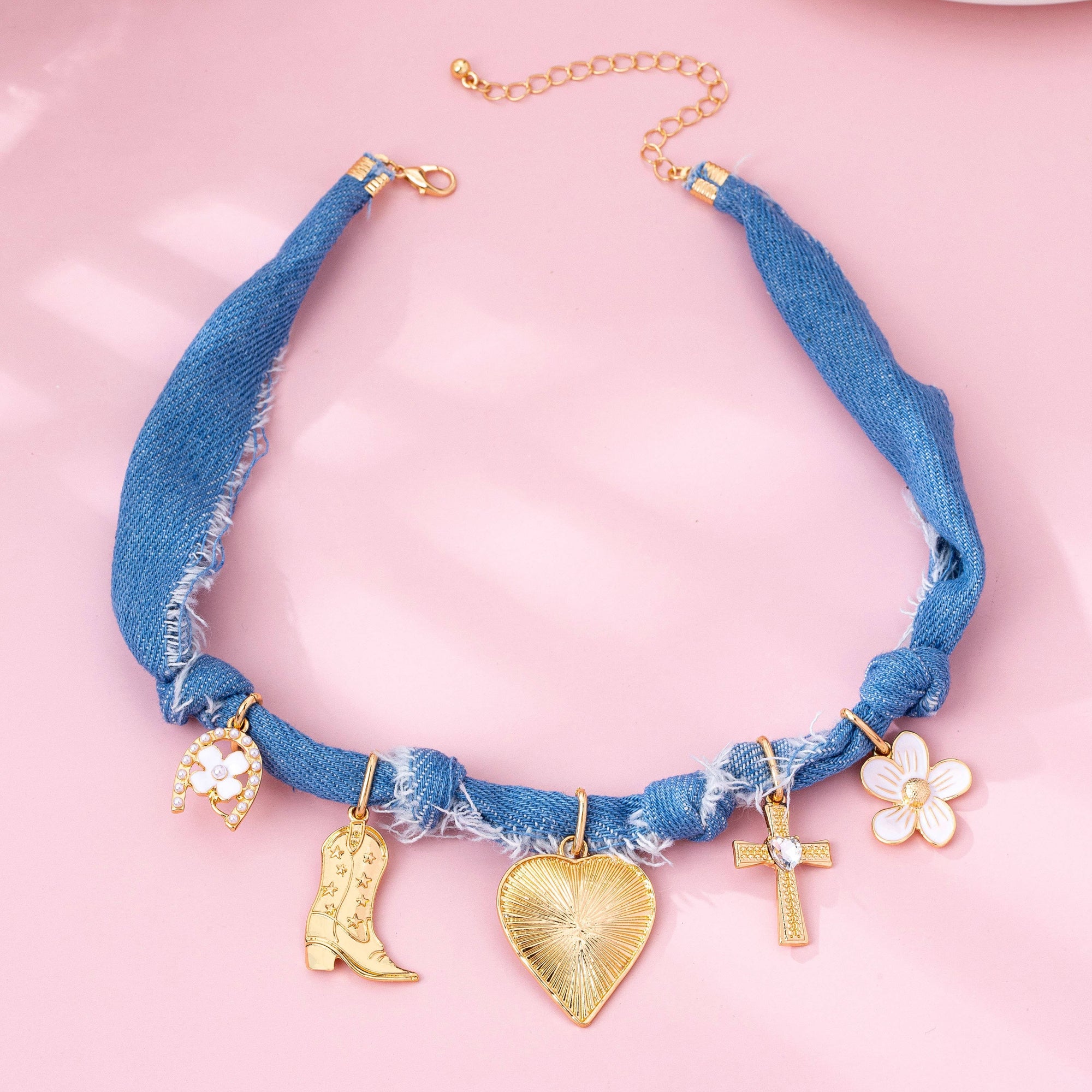 Western Denim Cowboy Boot &amp; Cross Charm Necklace | 80N92859: Gold JOSSLYN by wall to wall 