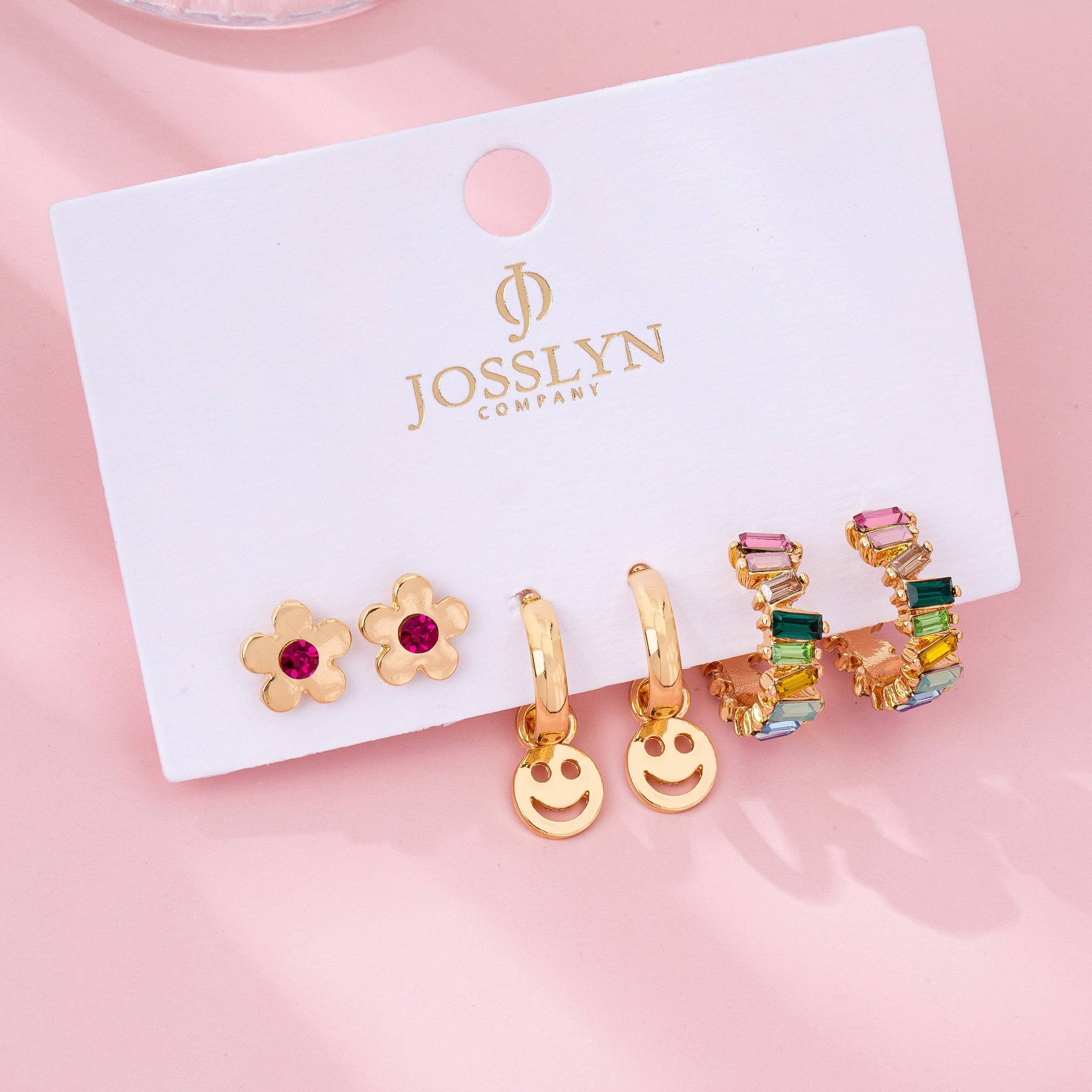 Rainbow Crystal, Smiley, and Floral Trio Earrings | 80E62109: Gold JOSSLYN by wall to wall 