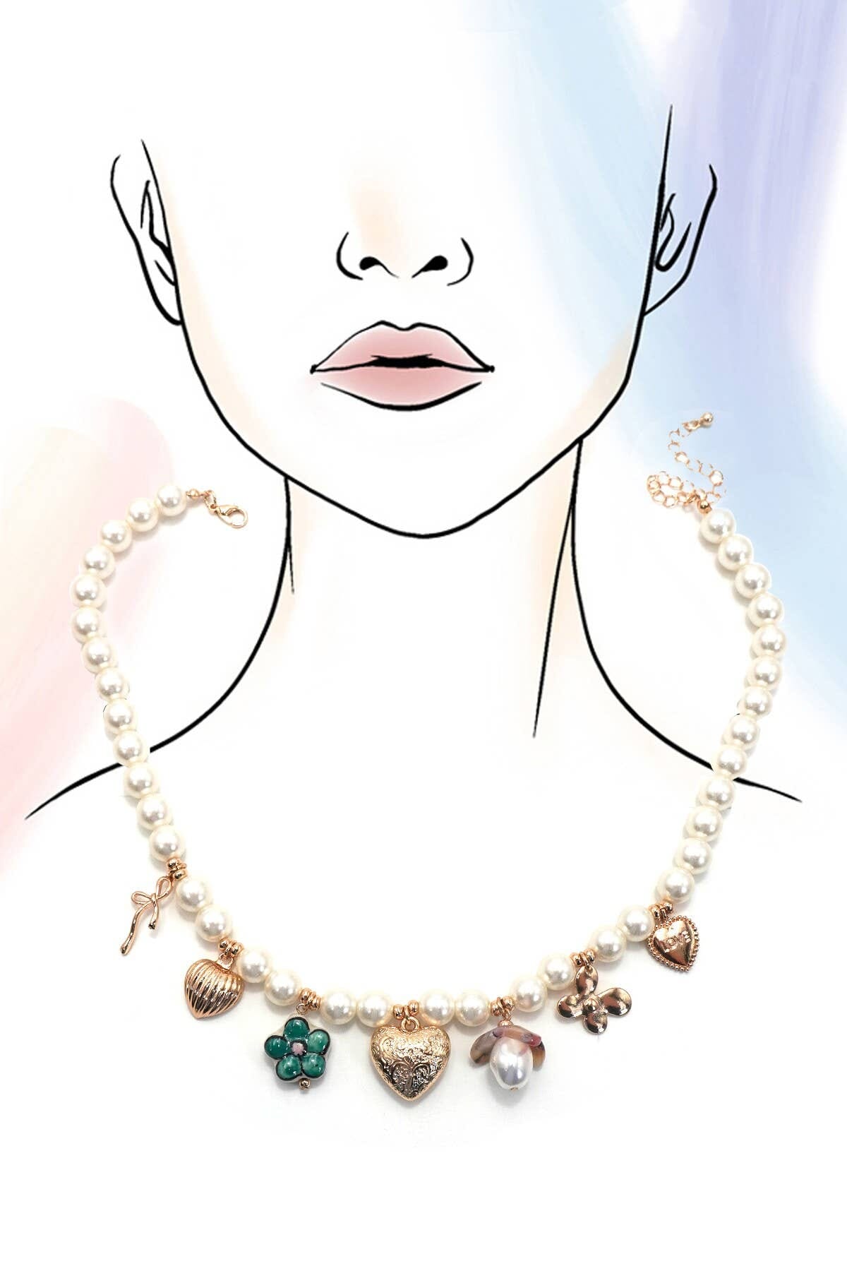 CHARM PEARL NECKLACE-HEART PORCELAIN FLOWER BOW | 80N92080: GOLD JOSSLYN by wall to wall 