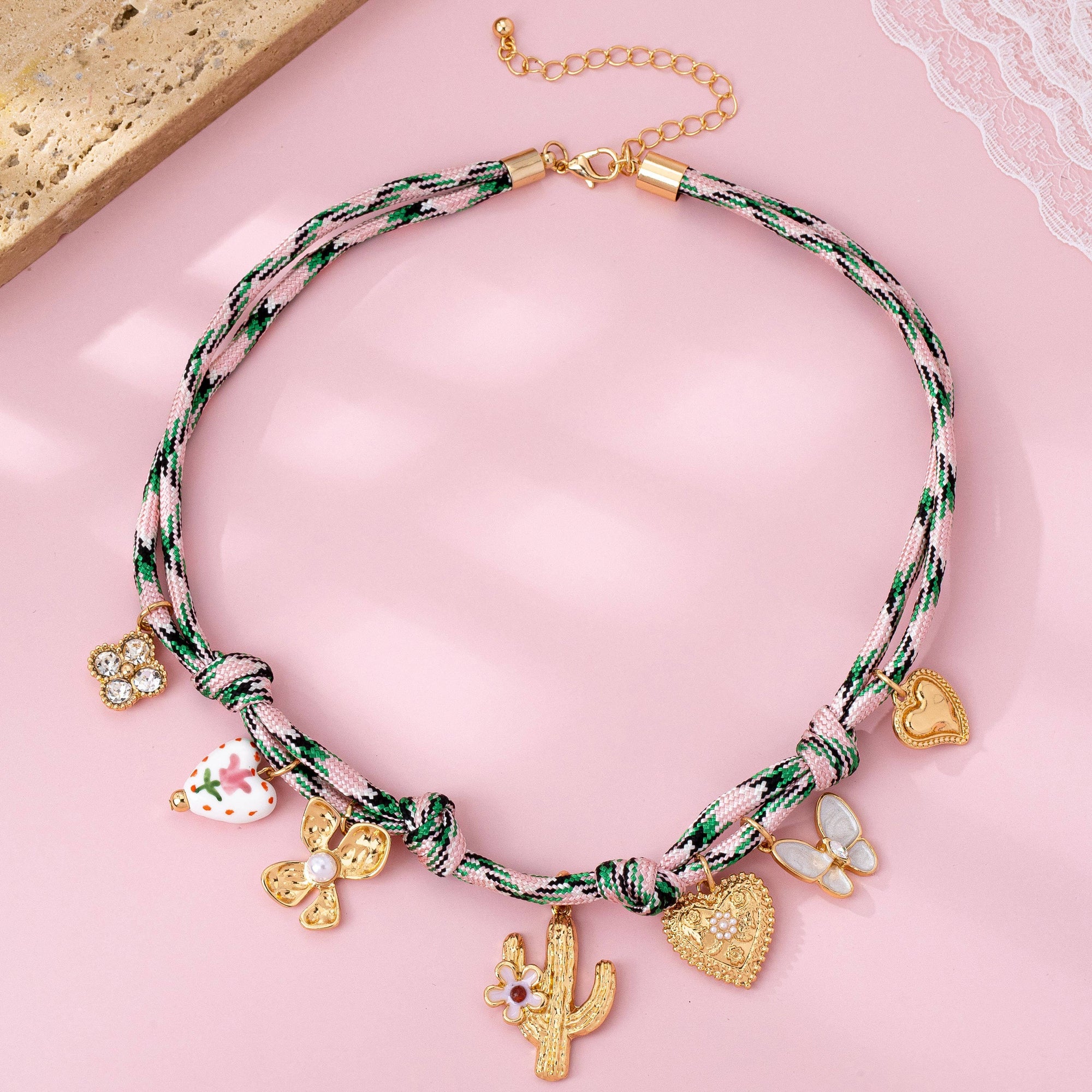 Pink Cord Charm Necklace - Bohemian Multi-Charm | 80N92743: GOLD JOSSLYN by wall to wall 