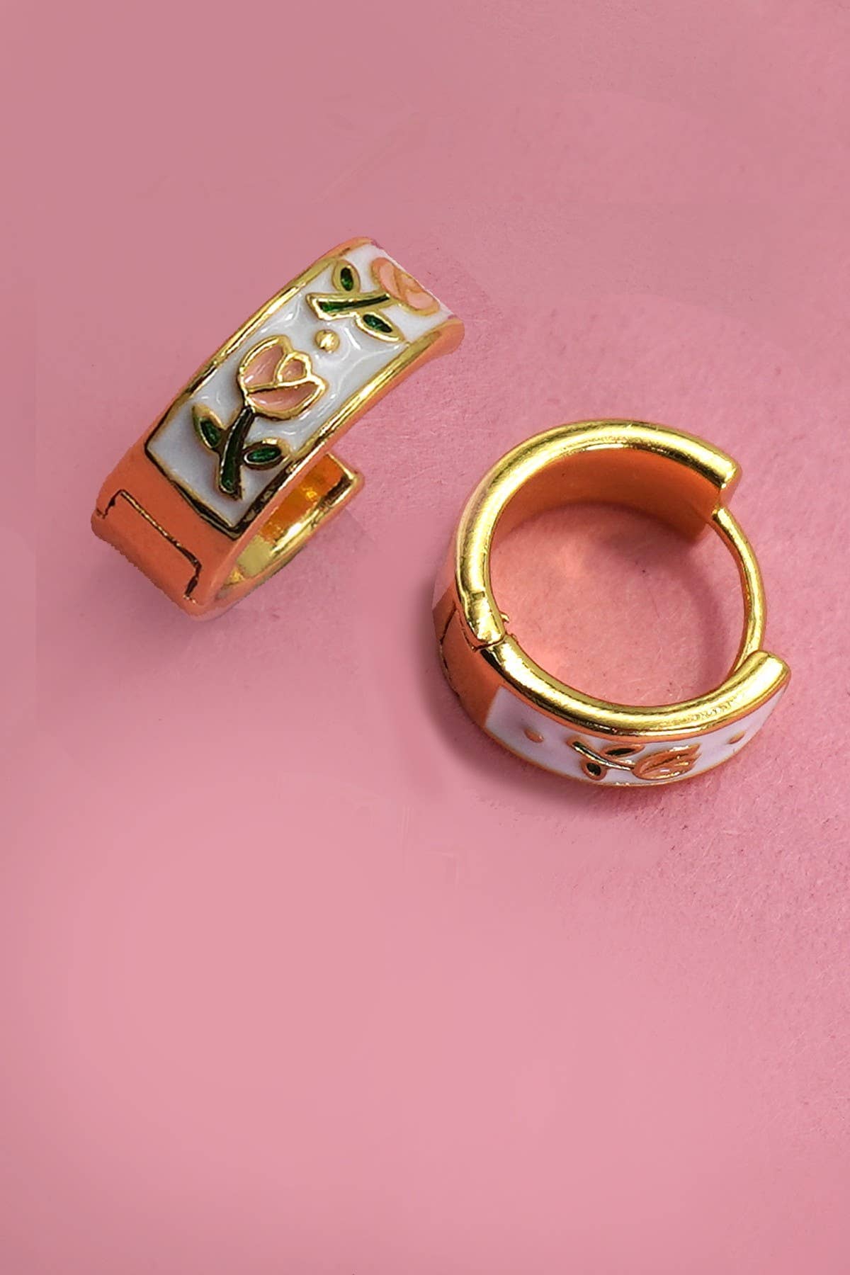 VINTAGE CLOISONNE FLORAL HUGGIE HOOP EARRINGS | 40E357: GOLD JOSSLYN by wall to wall 
