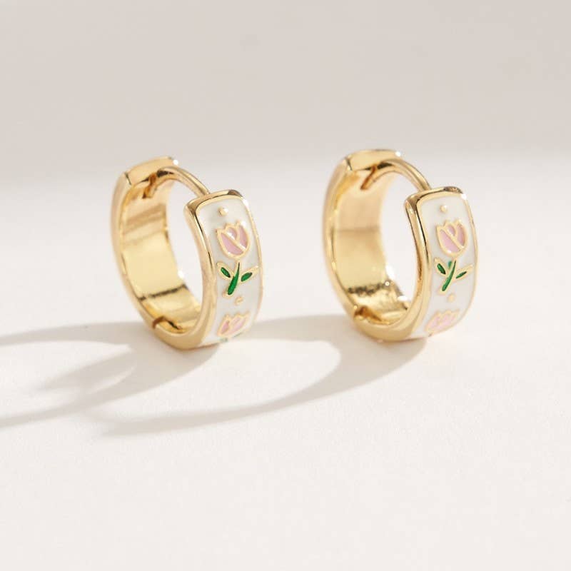 VINTAGE CLOISONNE FLORAL HUGGIE HOOP EARRINGS | 40E357: GOLD JOSSLYN by wall to wall 