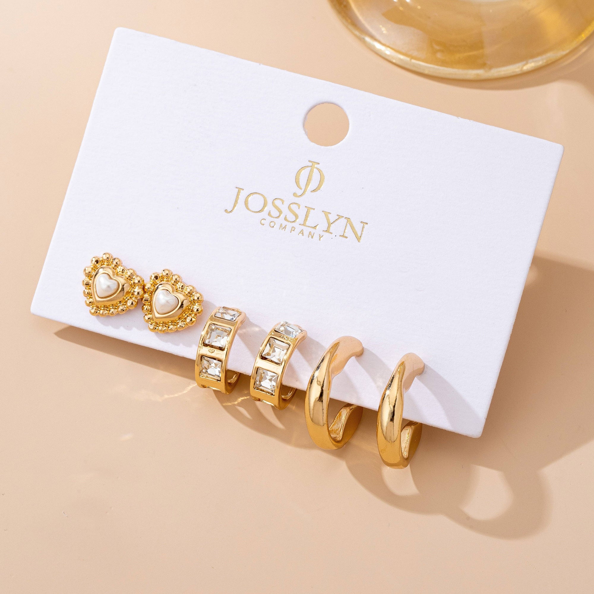 Pearl Heart &amp; Rhinestone Huggie Hoop Trio Earring | 80E61757: GOLD JOSSLYN by wall to wall 