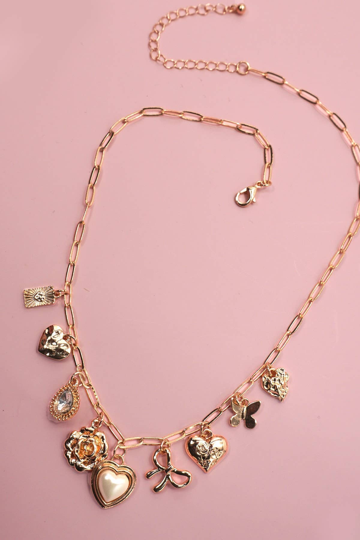 CHARM NECKLACE-BOW HEART RHINESTONE FLOWER | 80N91405: Gold JOSSLYN by wall to wall 
