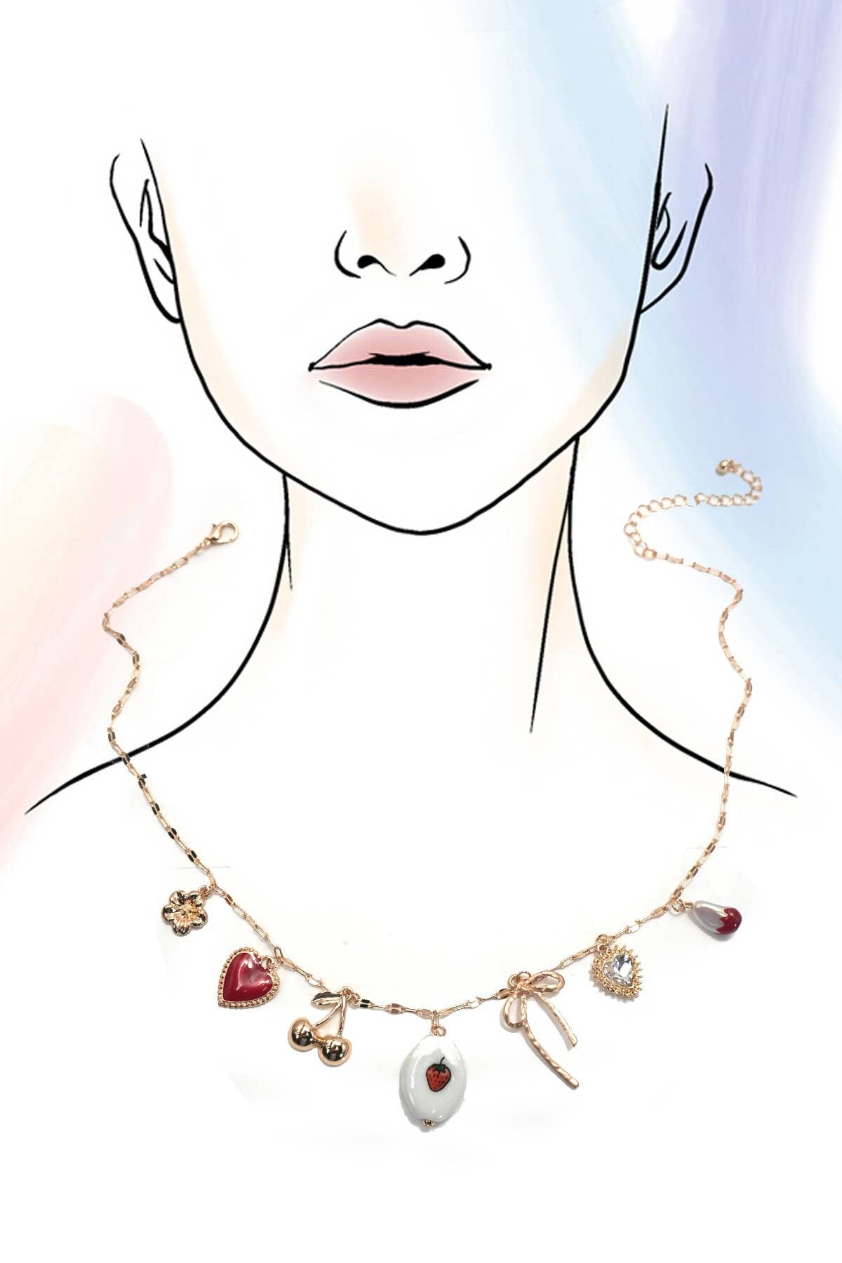CHARM NECKLACE-PORCELAIN STRAWBERRY CHERRY BOW | 80N92144: GOLD JOSSLYN by wall to wall 