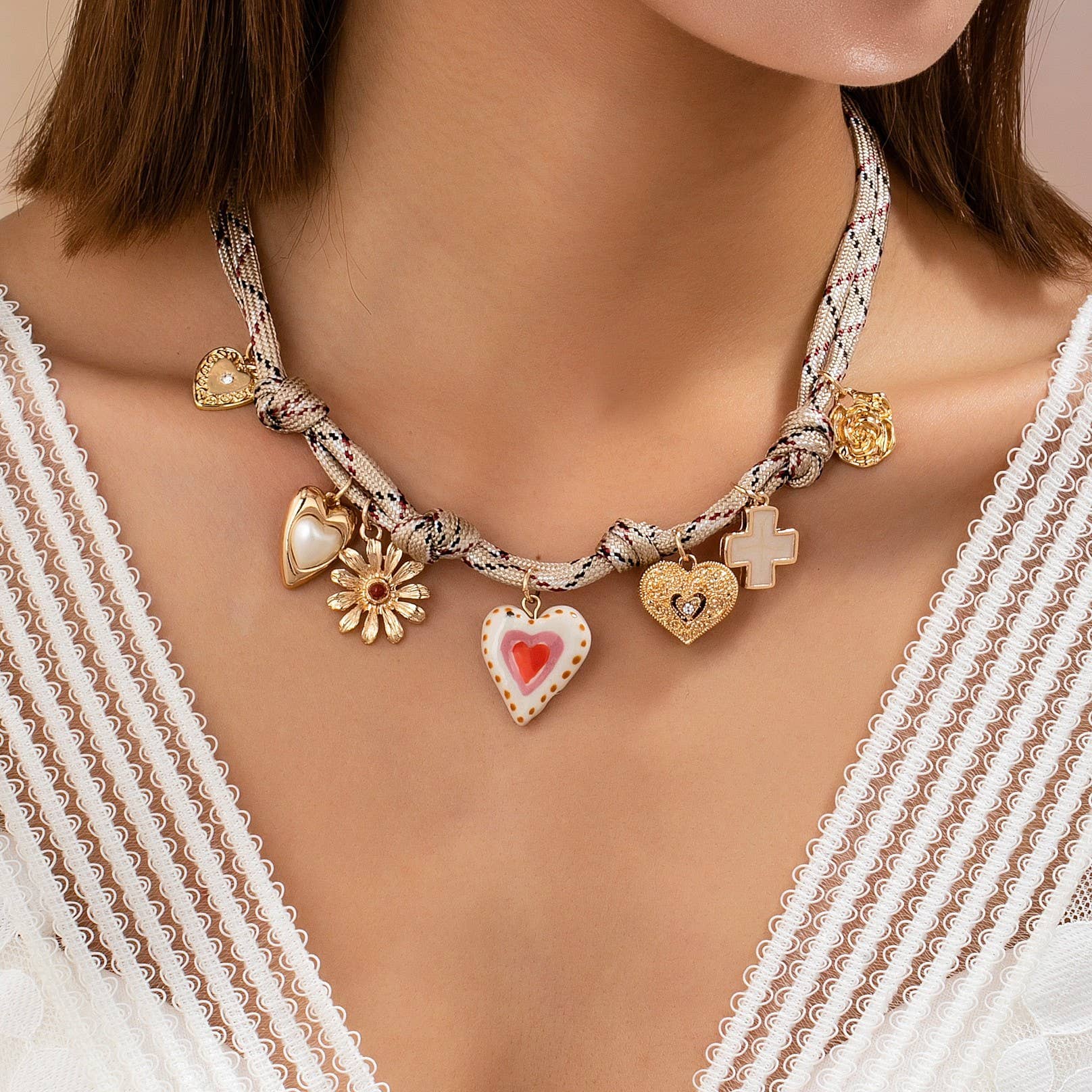 Ivory &amp; Red cord Multi-Charm Boho Necklace | 80N92742: GOLD JOSSLYN by wall to wall 