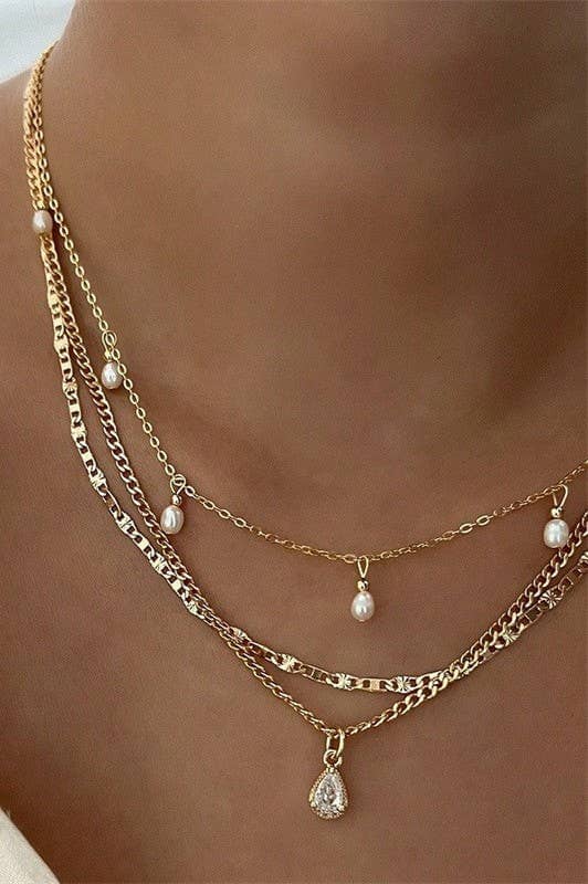 MULTI LAYER STONE CHAIN TEARDROP CHARM NECKLACE | 40NK9637: GOLD JOSSLYN by wall to wall 