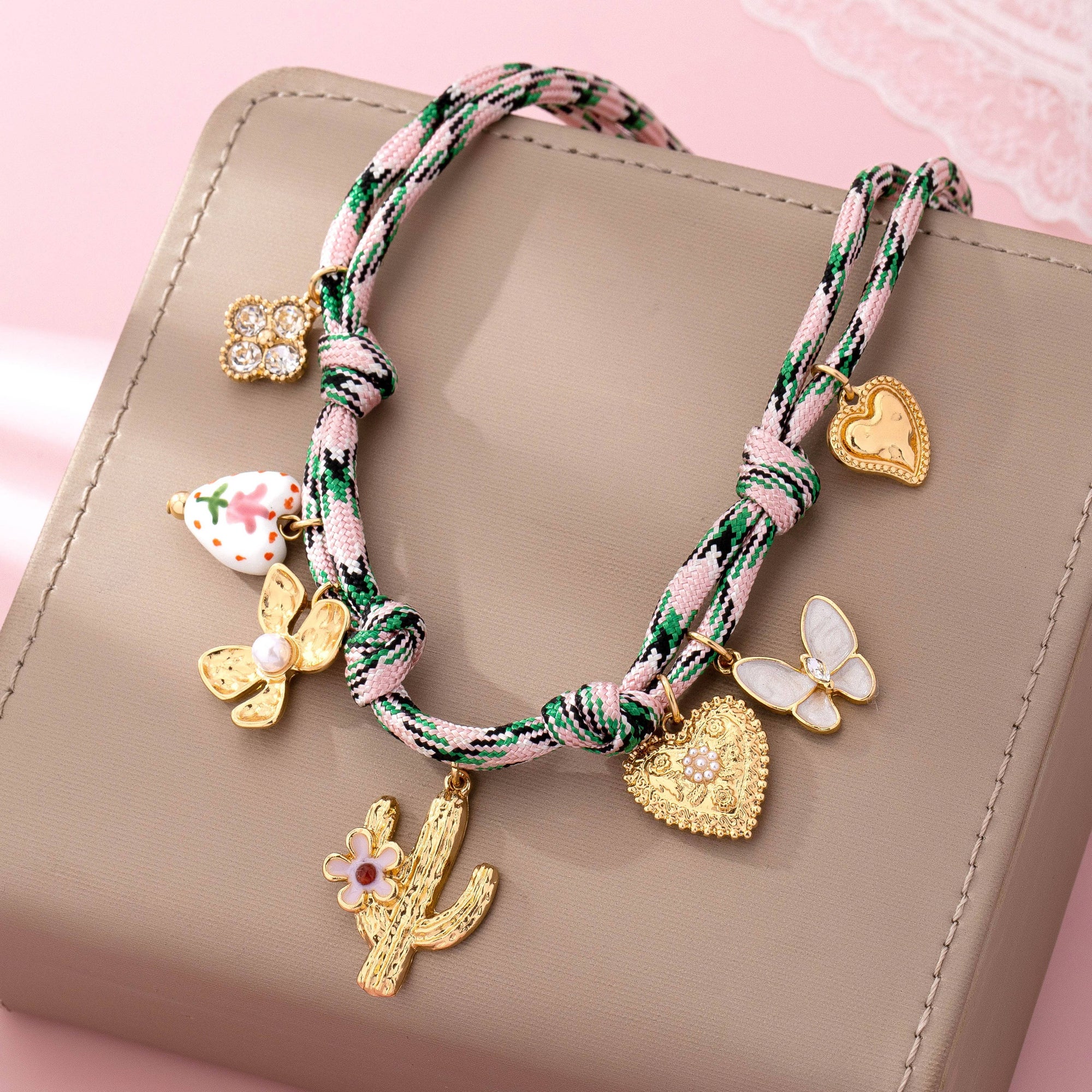 Pink Cord Charm Necklace - Bohemian Multi-Charm | 80N92743: GOLD JOSSLYN by wall to wall 