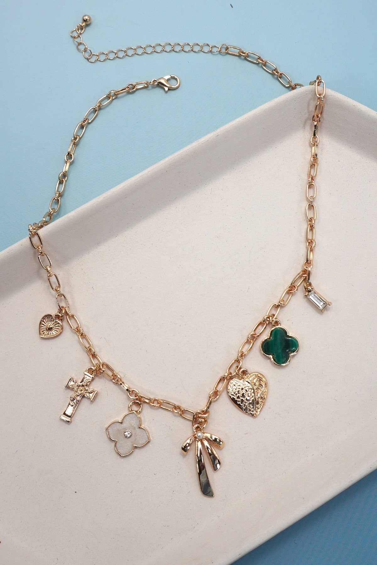 CHARM NECKLACE-GREEN CLOVER BOW CROSS HEART | 80N91991: GOLD JOSSLYN by wall to wall 