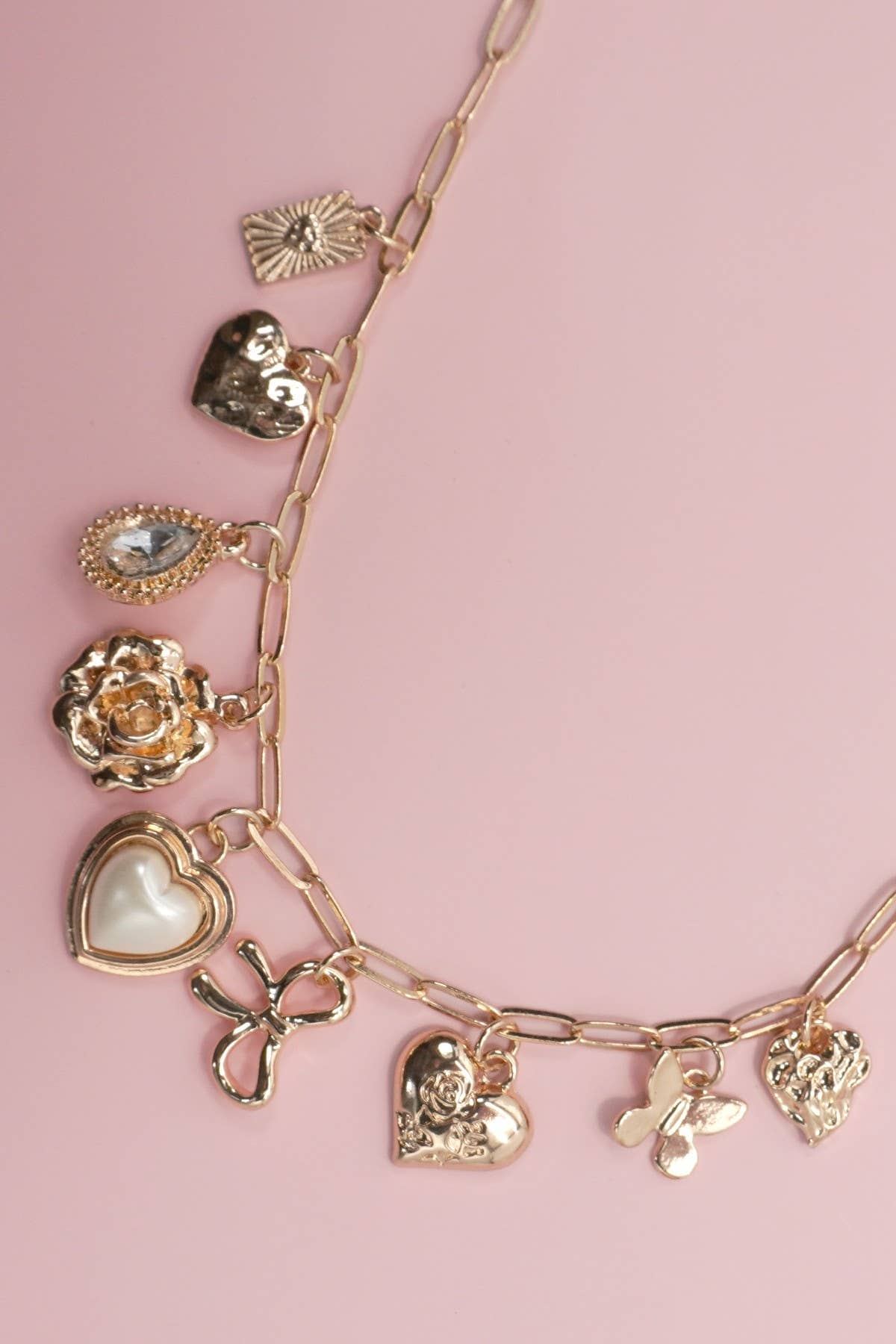 CHARM NECKLACE-BOW HEART RHINESTONE FLOWER | 80N91405: Gold JOSSLYN by wall to wall 