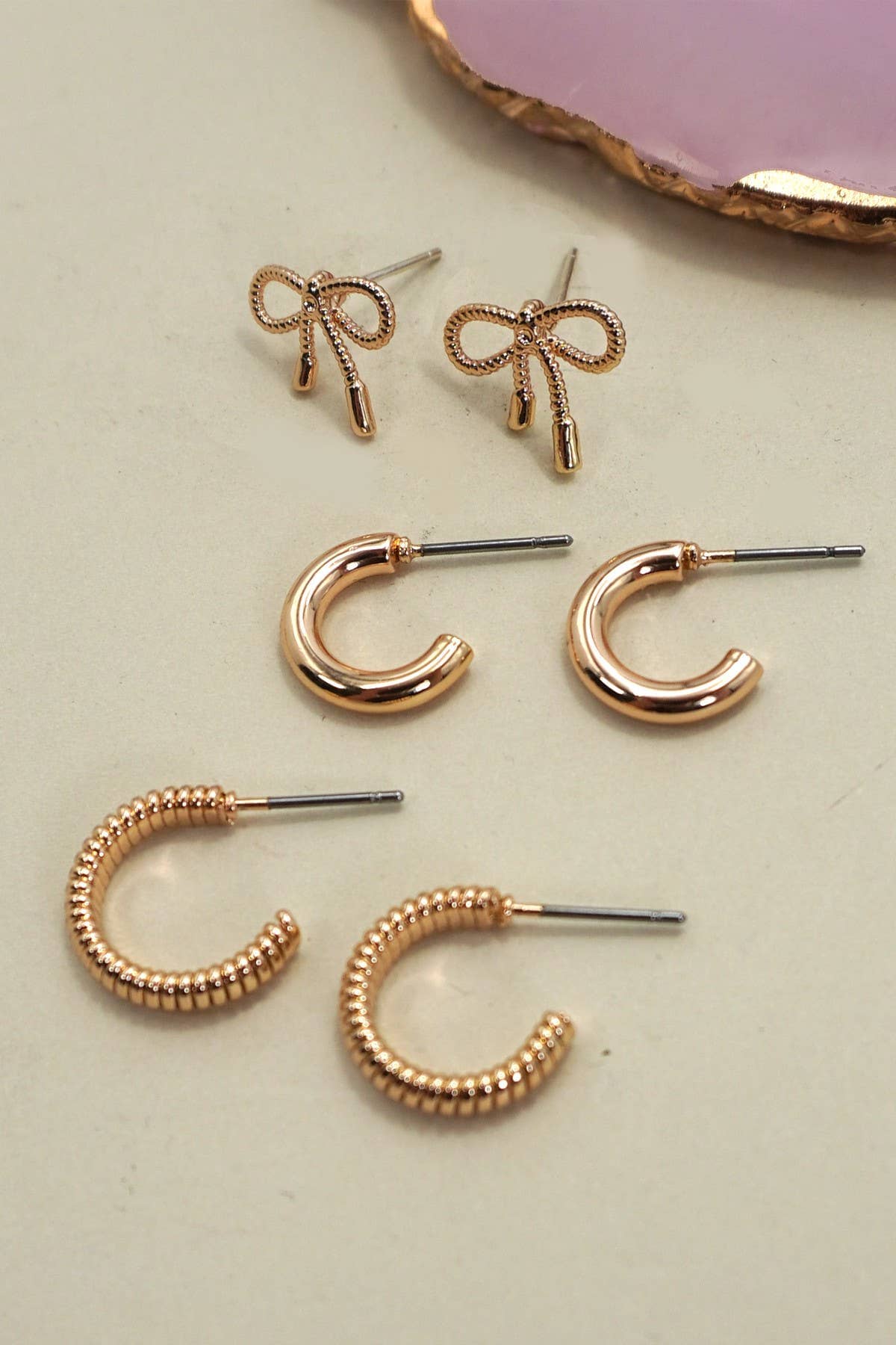 MINI BOW HUGGIE HOOP TRIO EARRINGS | 80E6406: Gold JOSSLYN by wall to wall 