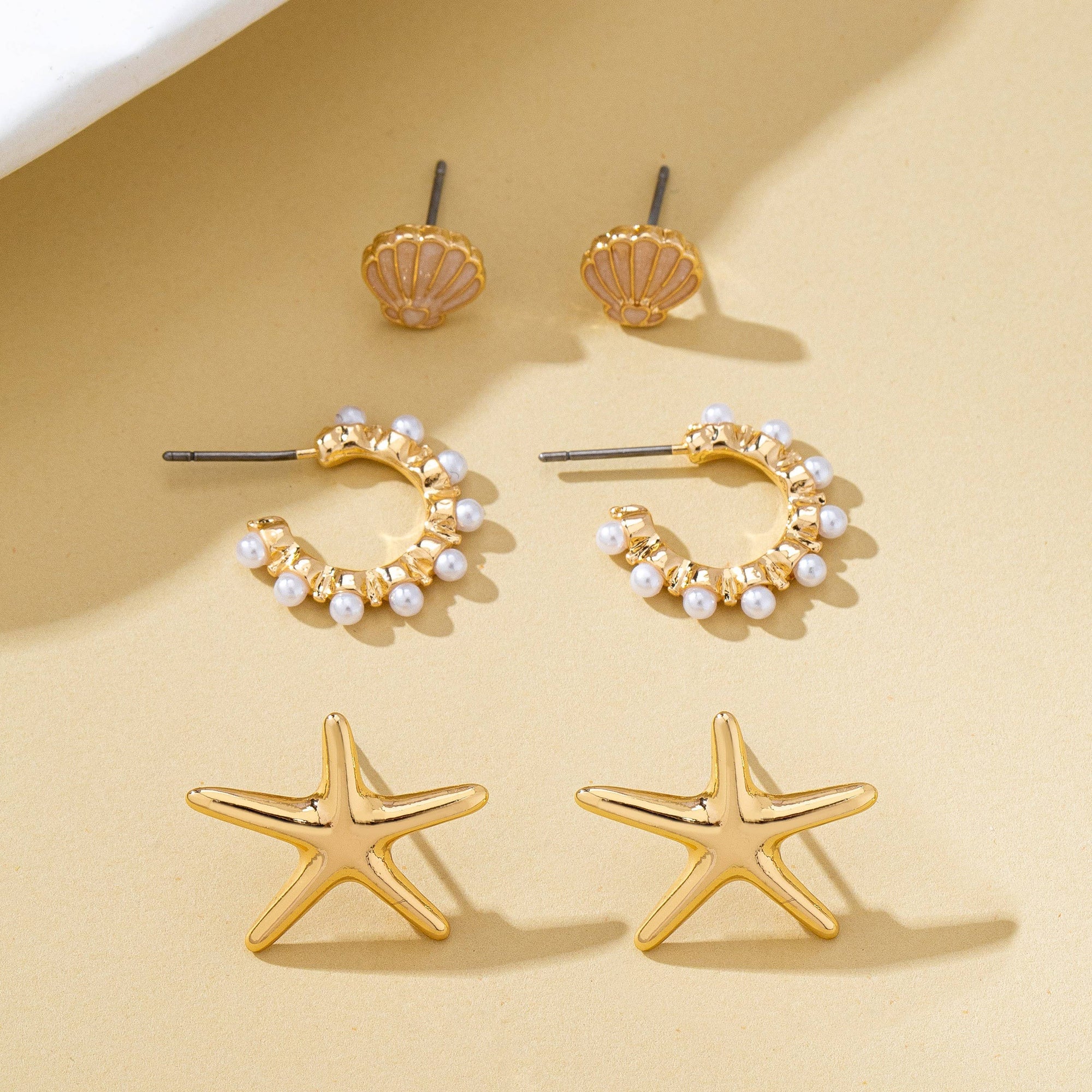 Nautical Shell Starfish Pearl Trio Earring Set | 80E62026: Gold JOSSLYN by wall to wall 