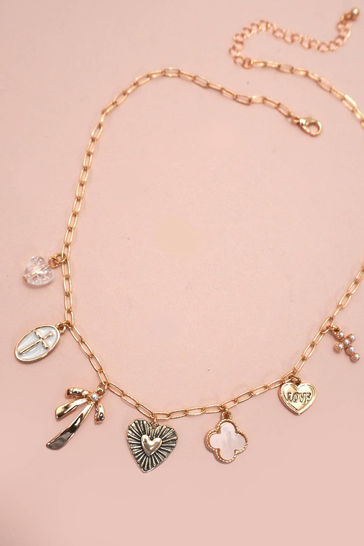 CHARM NECKLACE-CLOVER BOW CROSS HEART | 80N92000: GOLD JOSSLYN by wall to wall 