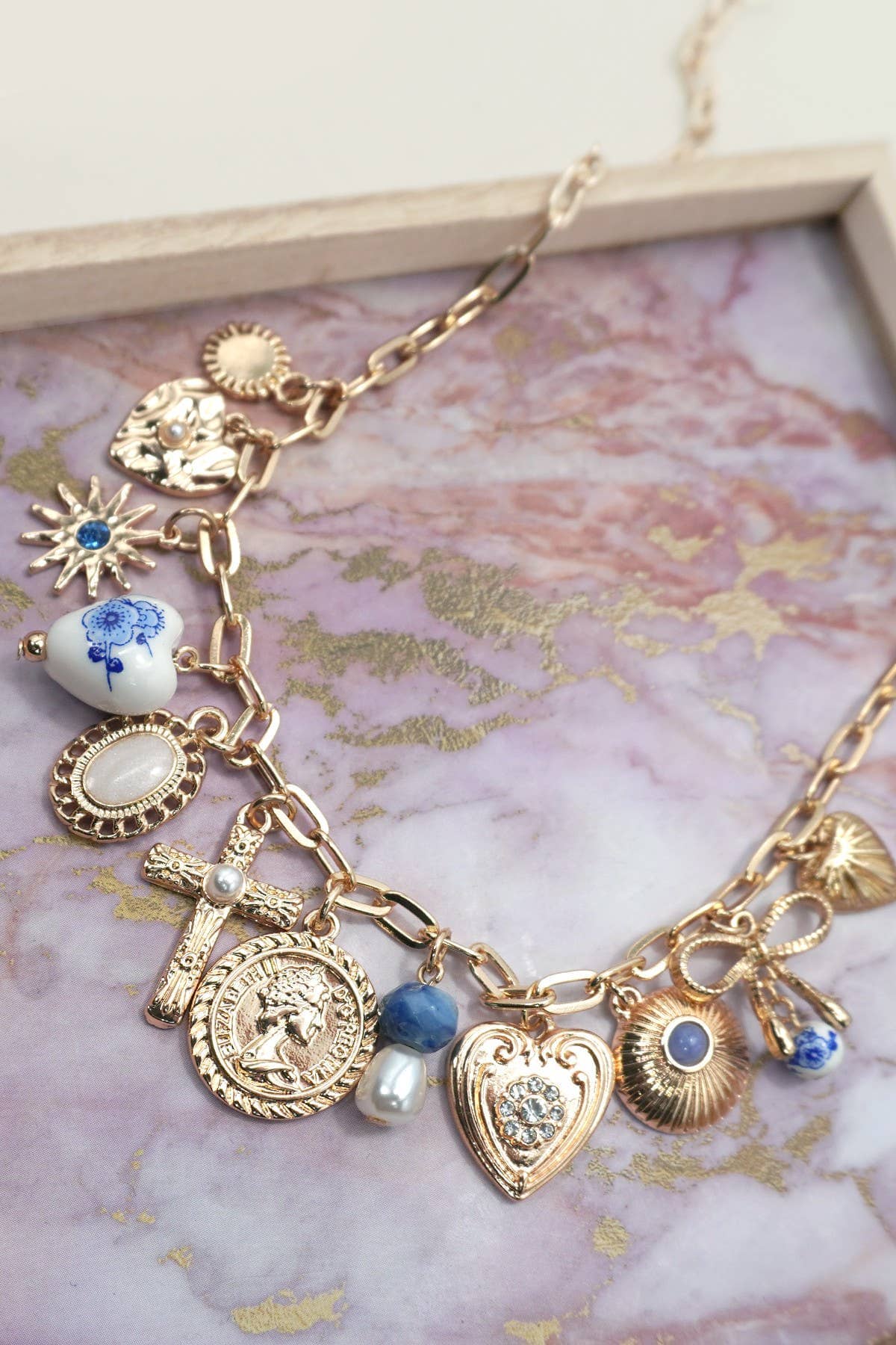 CHARM NECKLACE-PORCELAIN HEARTS CROSS NECKLACE | 80N91593: GOLD JOSSLYN by wall to wall 