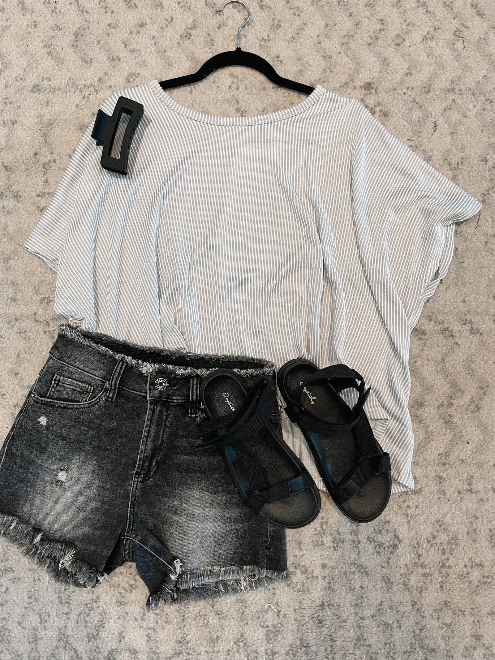 Sand Beige Ribbed Striped Oversized Short Sleeve Top Short sleeve Zenana 