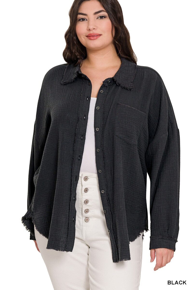 Black Lightweight Raw Hem Gauze Button Down Top The Humming Arrow Boutique 