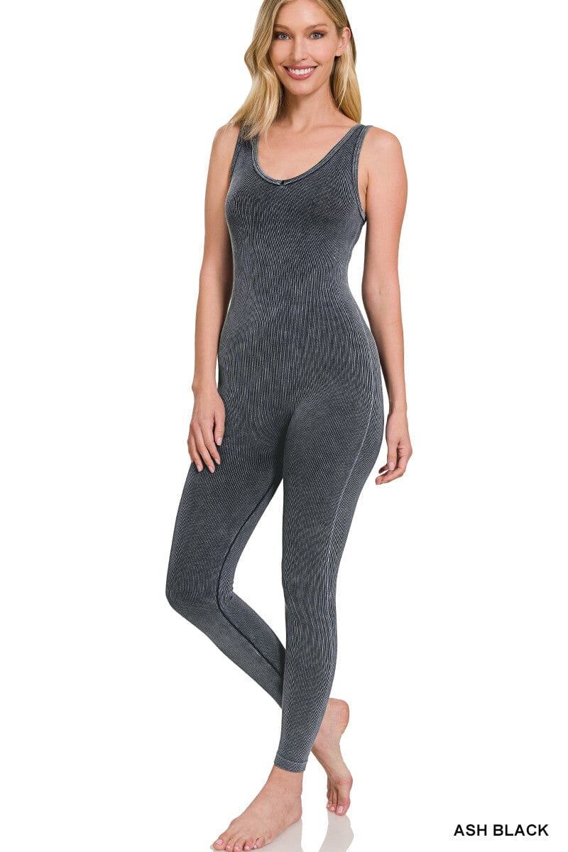 Vintage Wash Black Full Length Bodysuit Jumpsuit & Rompers Zenana 