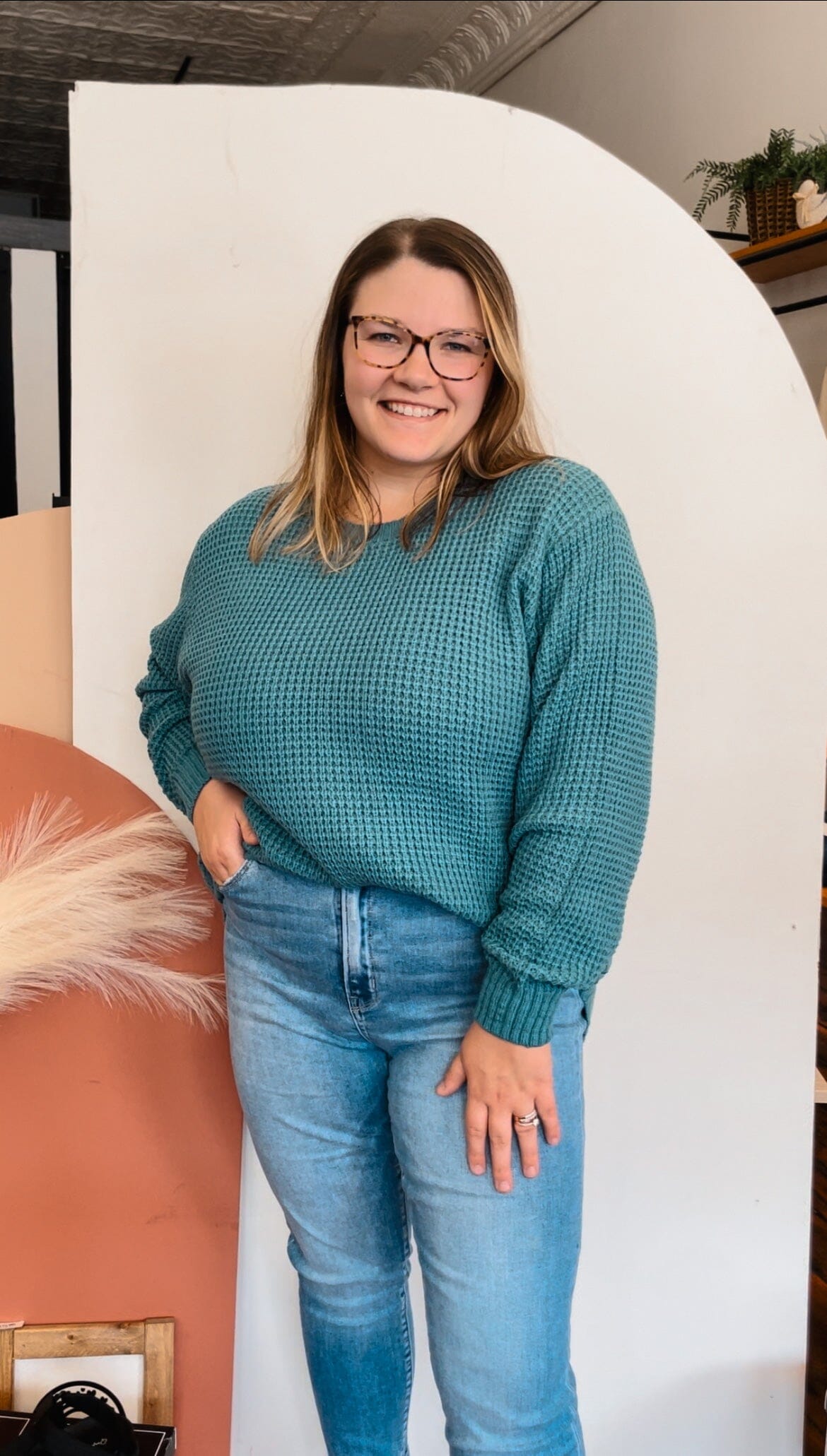 Dusty Teal Waffle Knit Dolphin Hem Sweater Long sleeve Zenana 