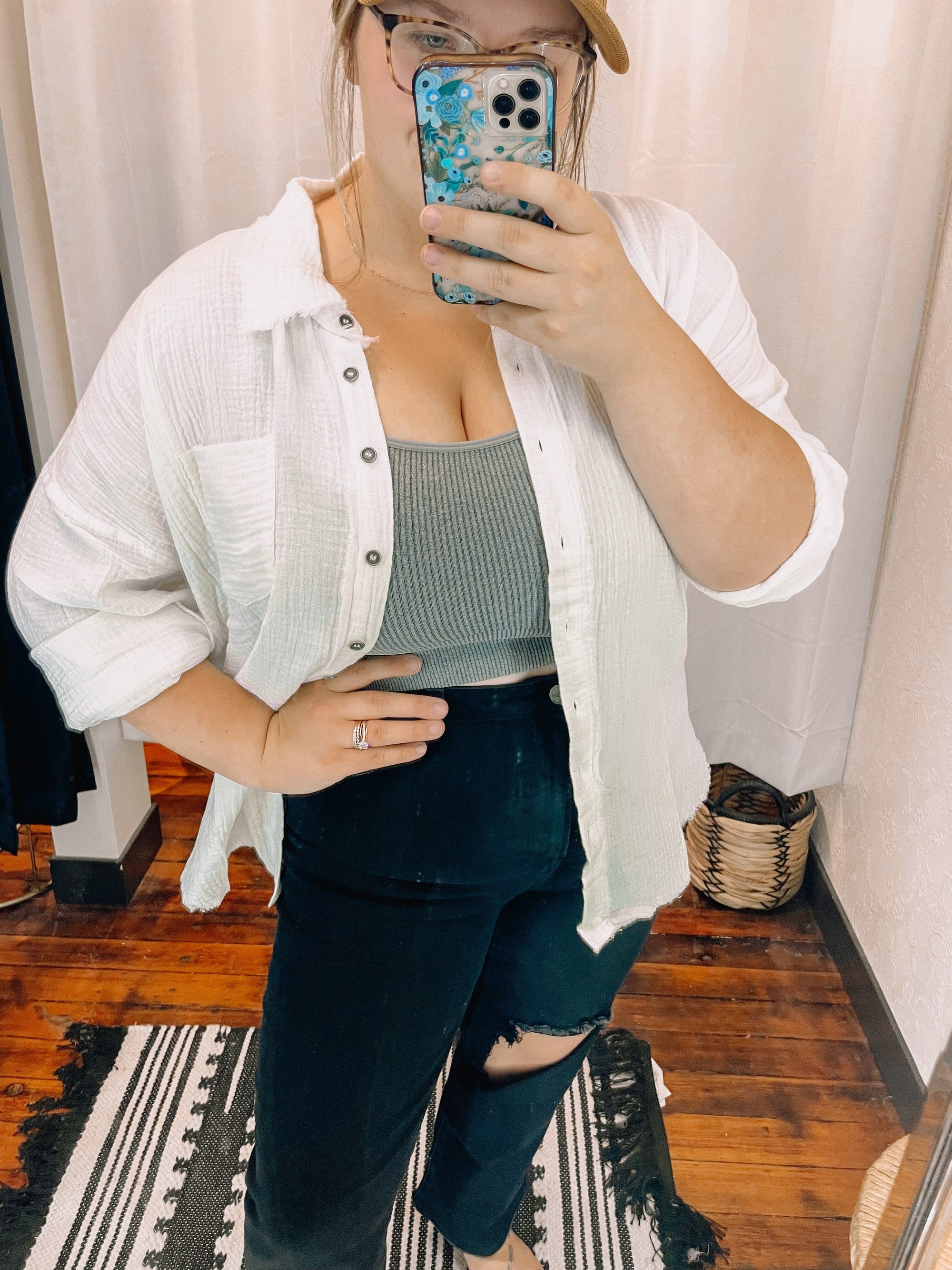 White Gauze Raw Hem Button Down Shirt Cardigan Zenana 