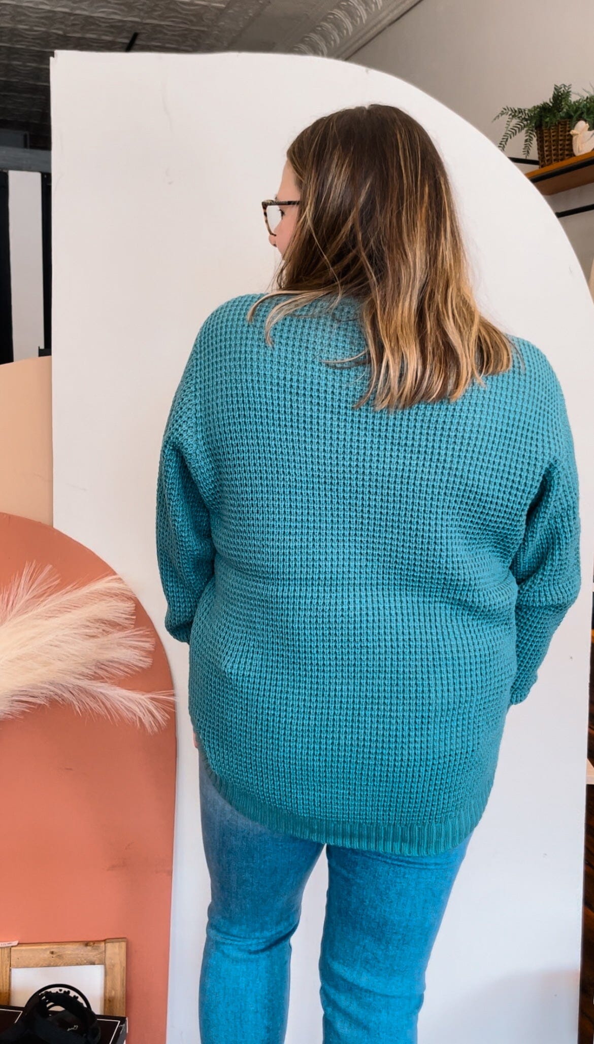 Dusty Teal Waffle Knit Dolphin Hem Sweater Long sleeve Zenana 