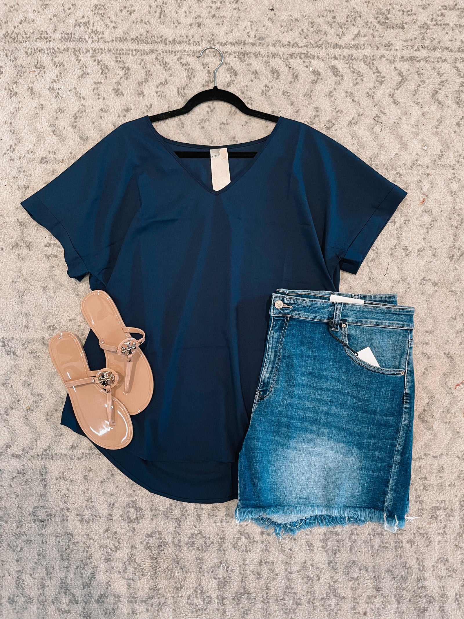 Curvy Rolled Sleeve V Neck Top Short sleeve Zenana 